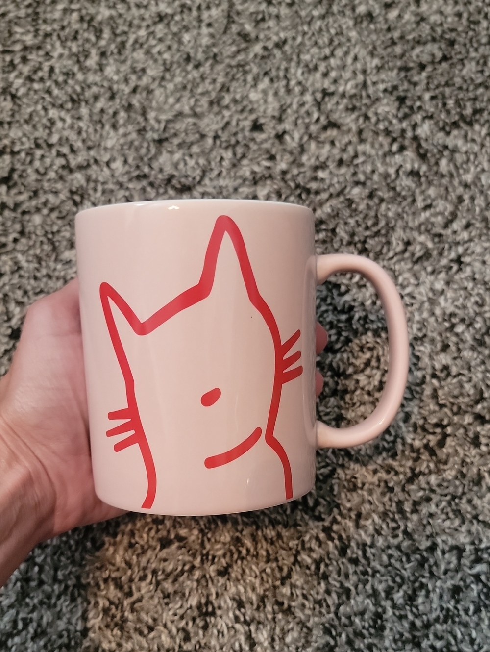 Pink Ceramic Cat Mug with Red Line Art